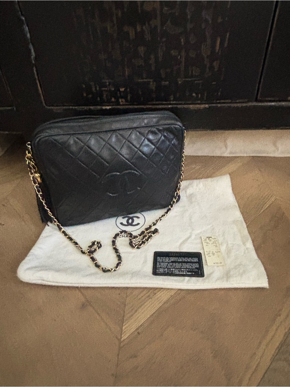 Authentic CHANEL Vintage Black Lambskin Quilted CC Tassel Camera Bag Gold Chain